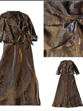 Cachet Metallic bronze long formal special occasion evening gown w/ blazer sz 6